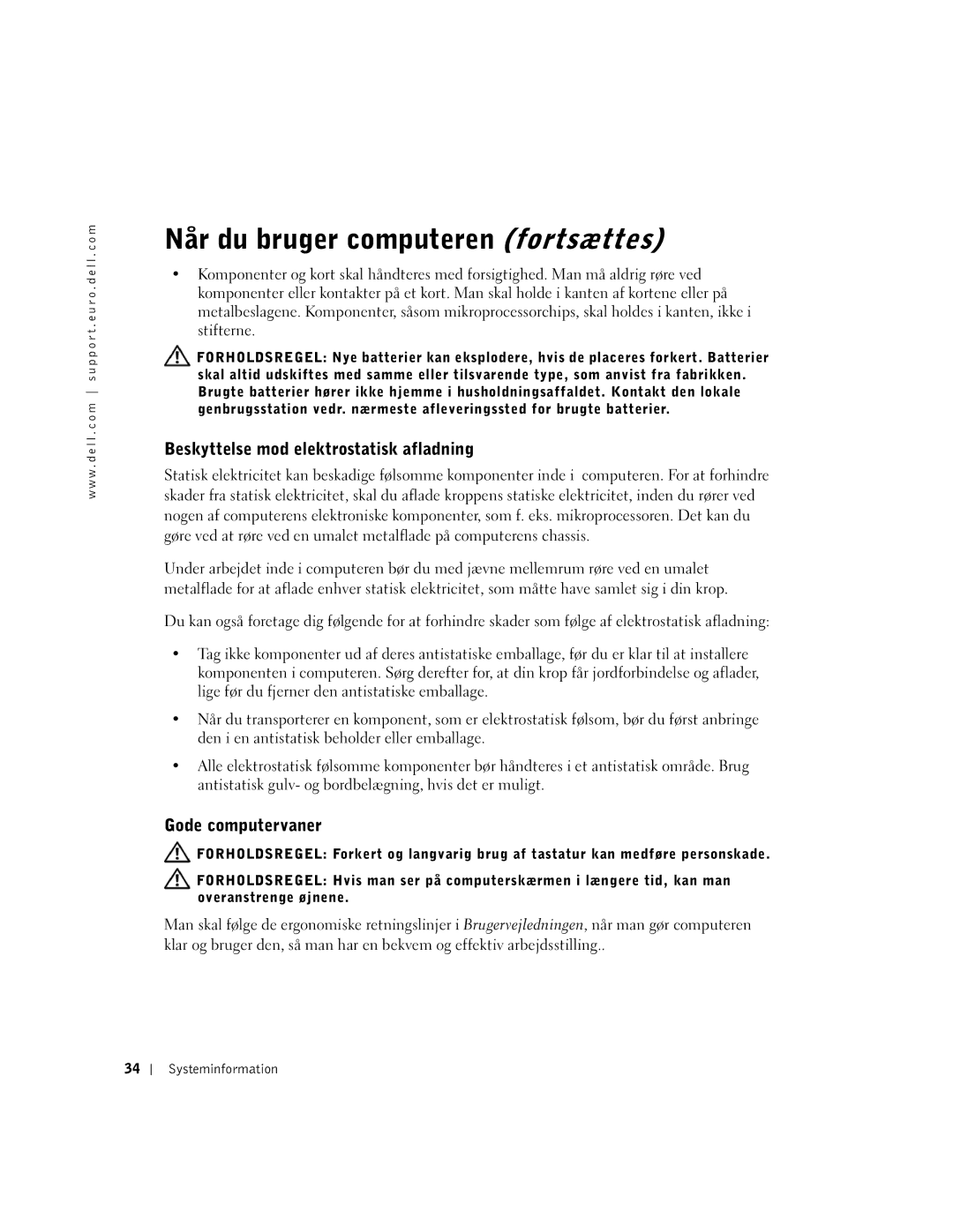 Dell DHM, WHL, and WHM, DHS manual Beskyttelse mod elektrostatisk afladning, Gode computervaner 