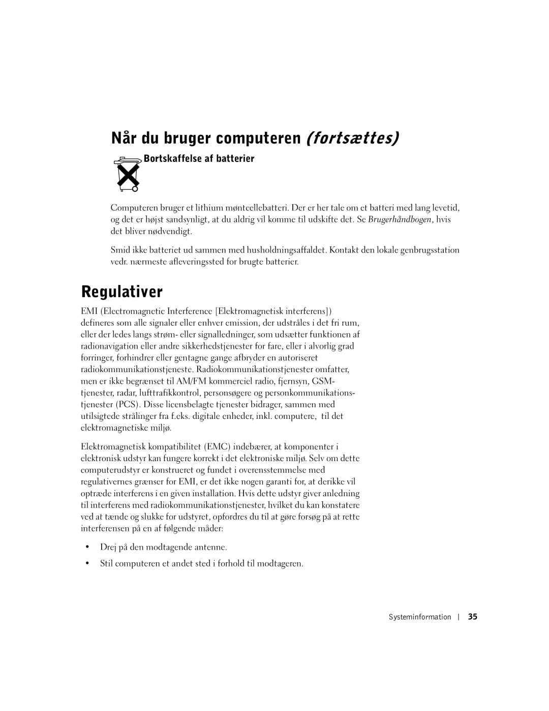 Dell WHL, and WHM, DHS, DHM manual Regulativer, Bortskaffelse af batterier 