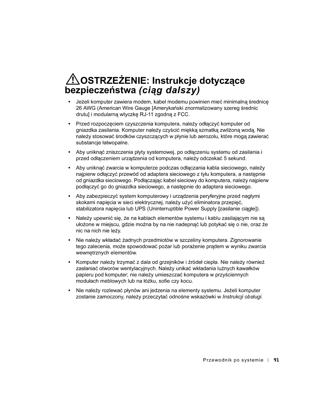 Dell WHL, and WHM, DHS, DHM manual Ostrzeżenie Instrukcje dotyczące bezpieczeństwa ciąg dalszy 