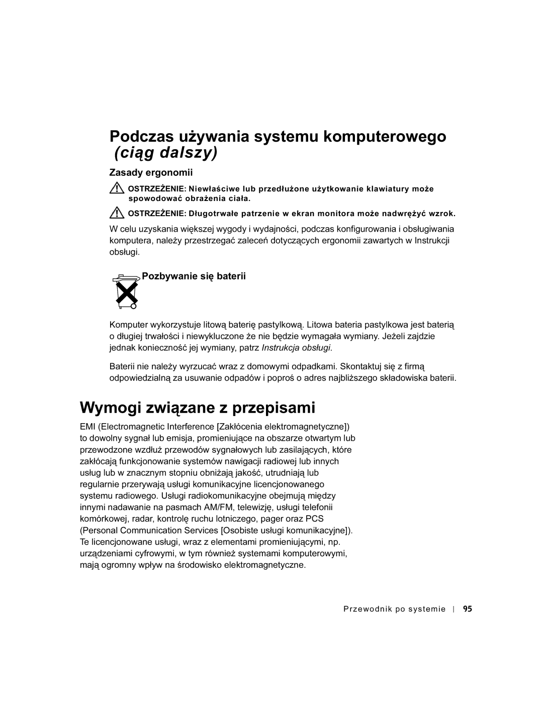 Dell WHL, and WHM, DHS, DHM manual Wymogi związane z przepisami, Zasady ergonomii, Pozbywanie się baterii 