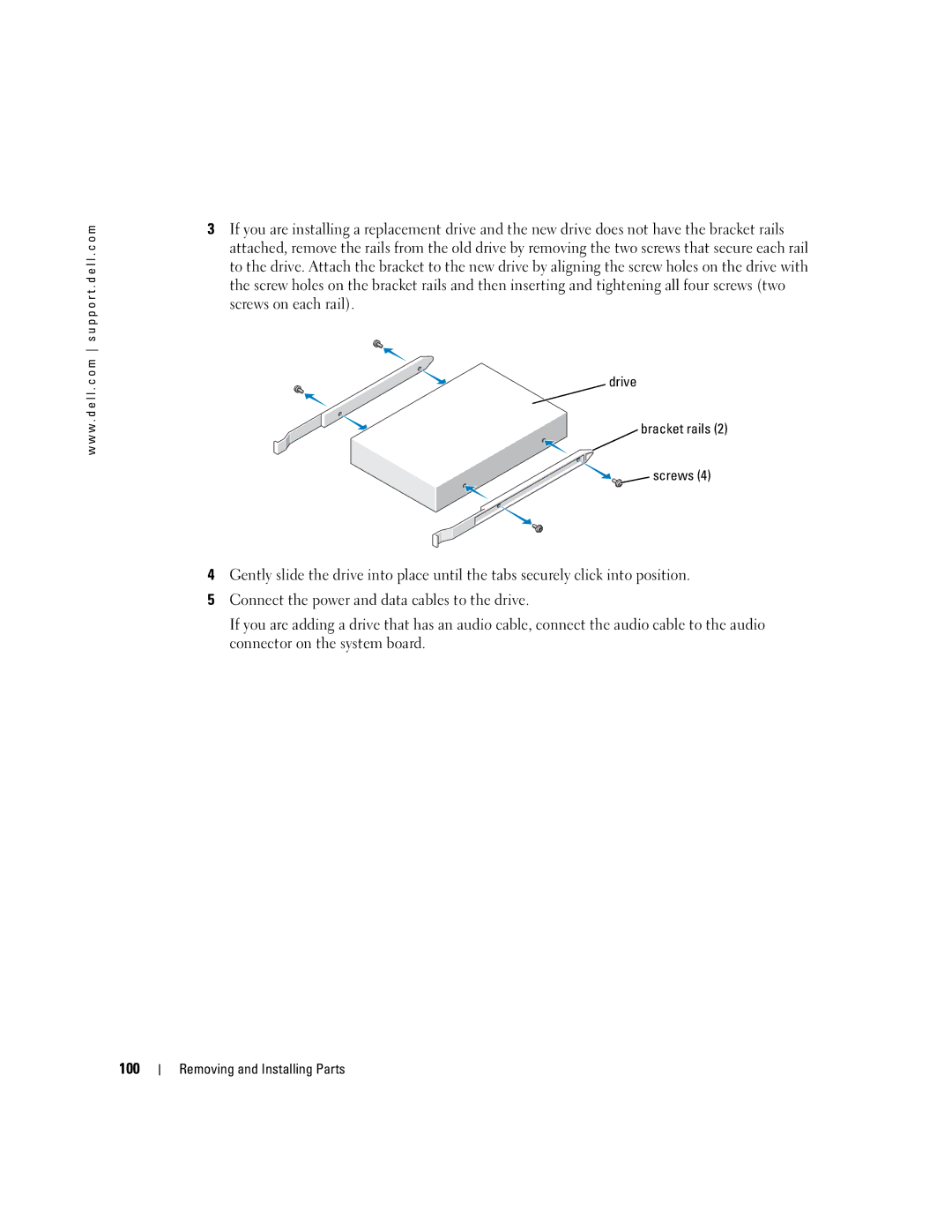 Dell WHL, U7021 manual 100, Drive Bracket rails Screws 