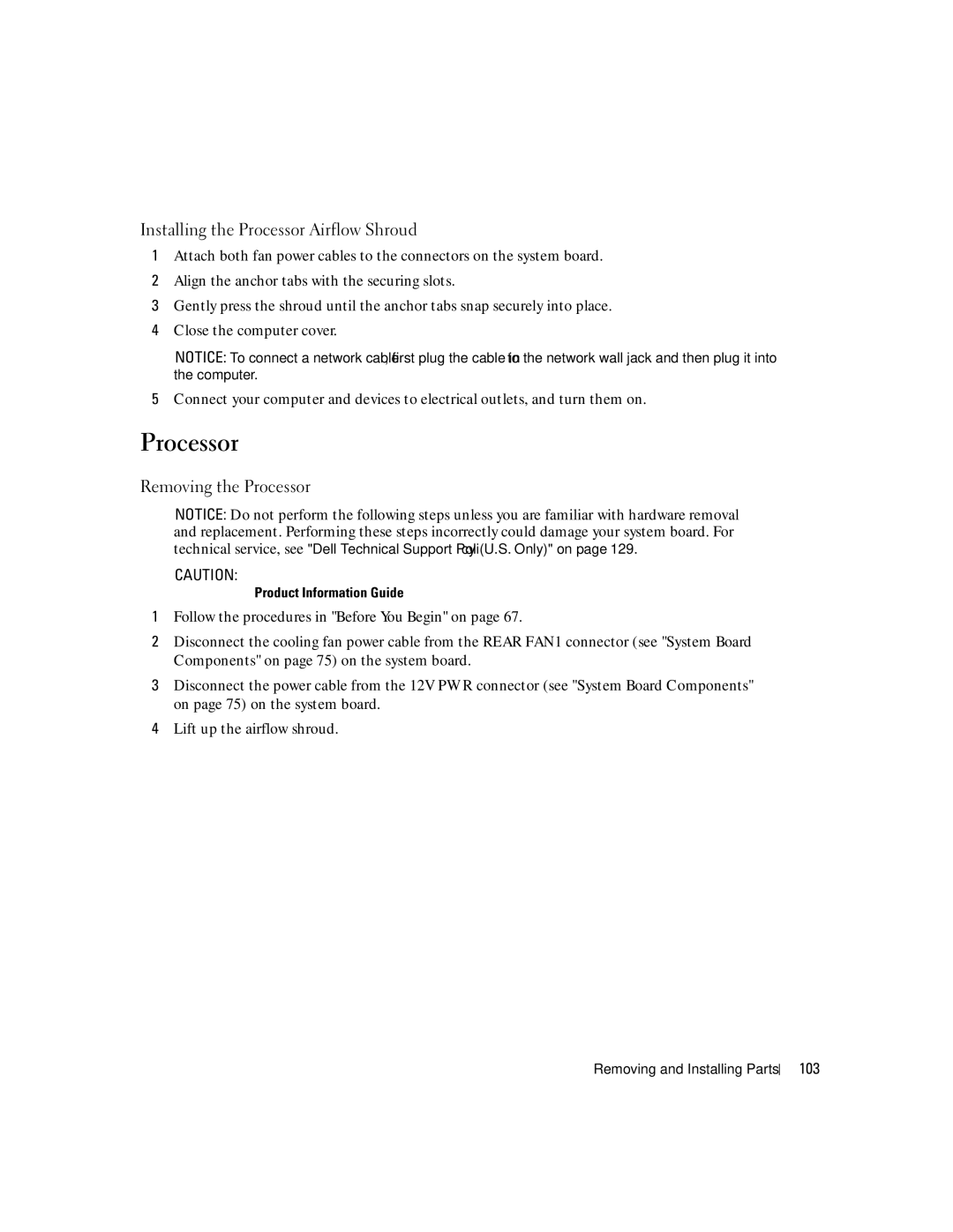 Dell U7021, WHL manual Installing the Processor Airflow Shroud, Removing the Processor, 103 