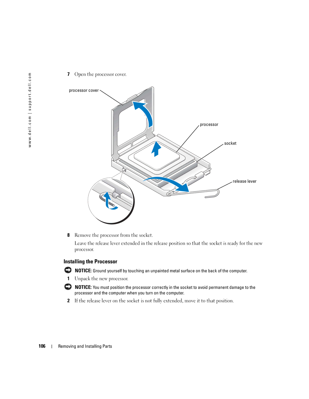 Dell WHL, U7021 manual Installing the Processor, 106, Processor cover Socket Release lever 