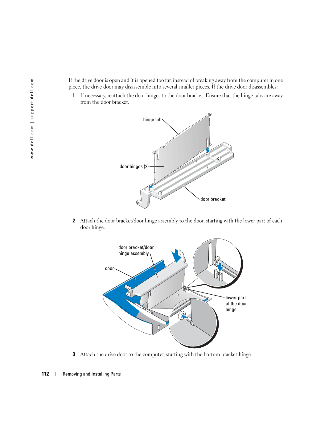 Dell WHL, U7021 manual 112, Hinge tab Door hinges Door bracket 