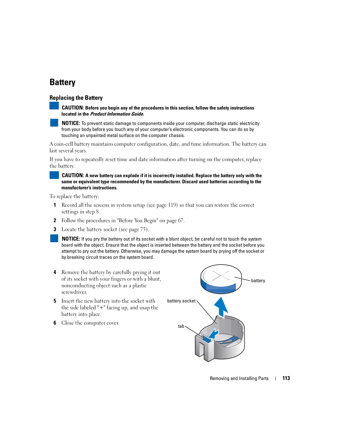 Dell U7021, WHL manual Replacing the Battery, 113, Battery Battery socket Tab Removing and Installing Parts 