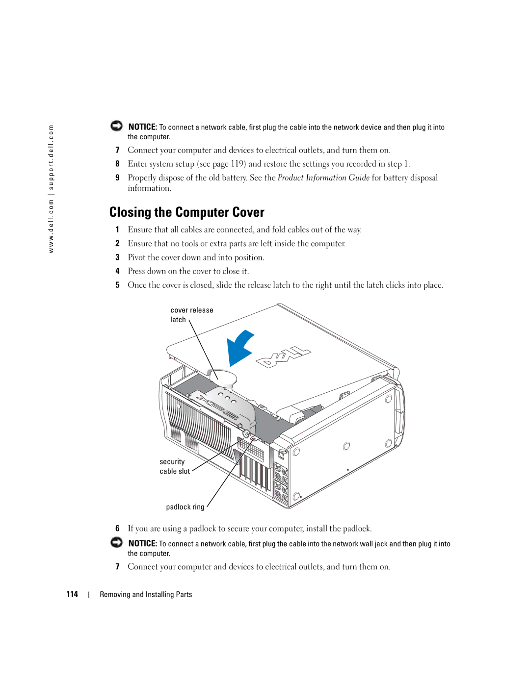 Dell WHL, U7021 manual Closing the Computer Cover, 114 