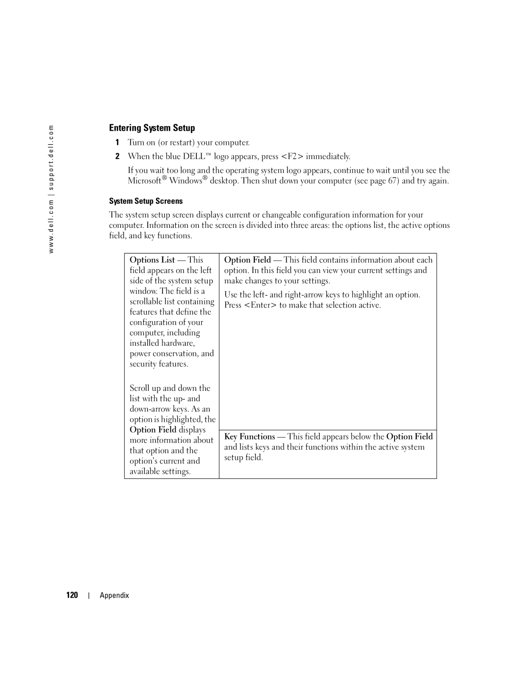 Dell WHL, U7021 manual Entering System Setup, System Setup Screens, 120 