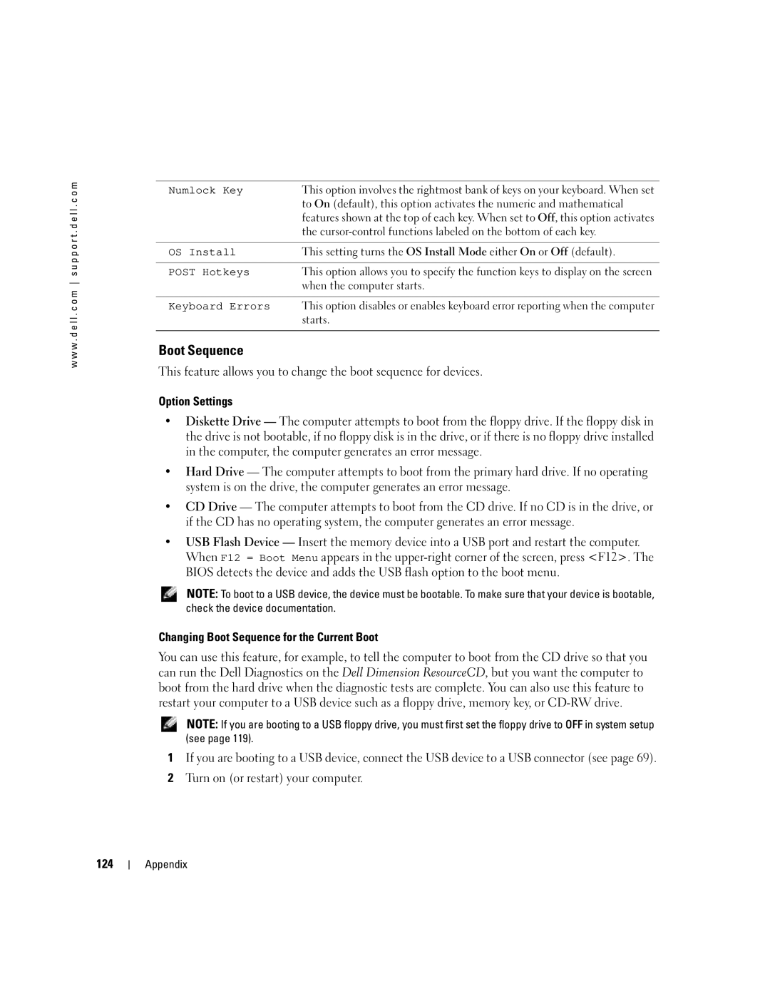 Dell WHL, U7021 manual Option Settings, Changing Boot Sequence for the Current Boot, 124 