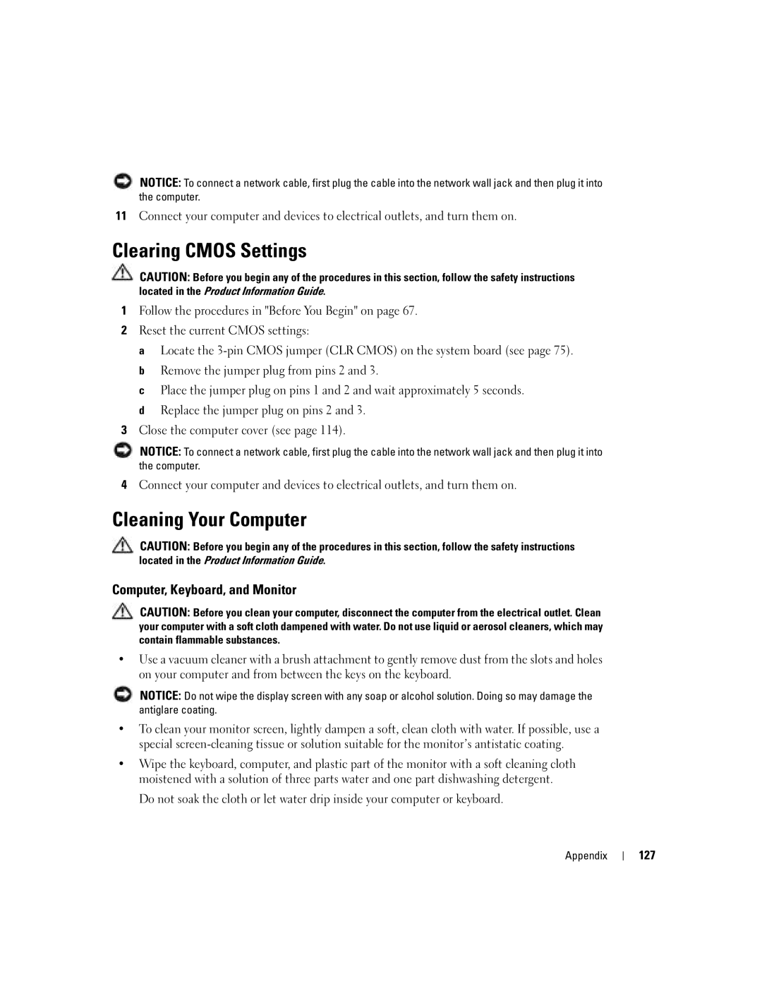 Dell U7021, WHL manual Clearing Cmos Settings, Cleaning Your Computer, Computer, Keyboard, and Monitor 