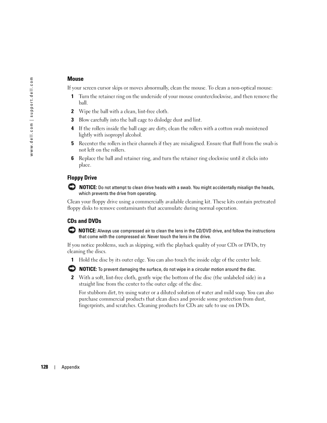 Dell WHL, U7021 manual Mouse, Floppy Drive, CDs and DVDs, 128 