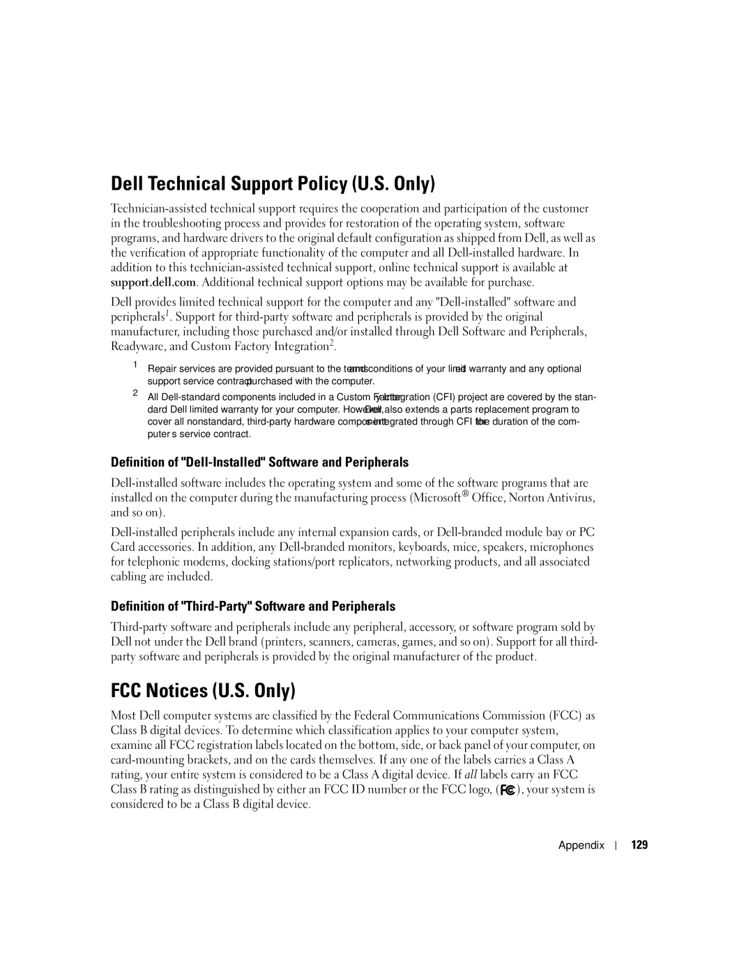 Dell U7021, WHL manual Dell Technical Support Policy U.S. Only, FCC Notices U.S. Only, 129 