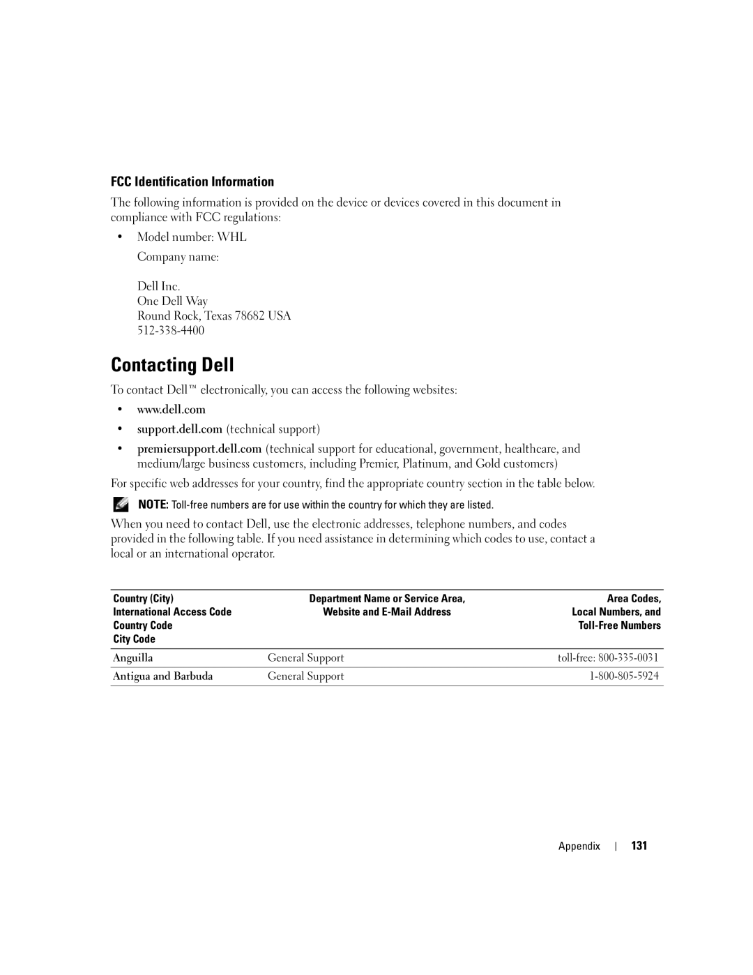 Dell U7021, WHL manual Contacting Dell, FCC Identification Information, 131 