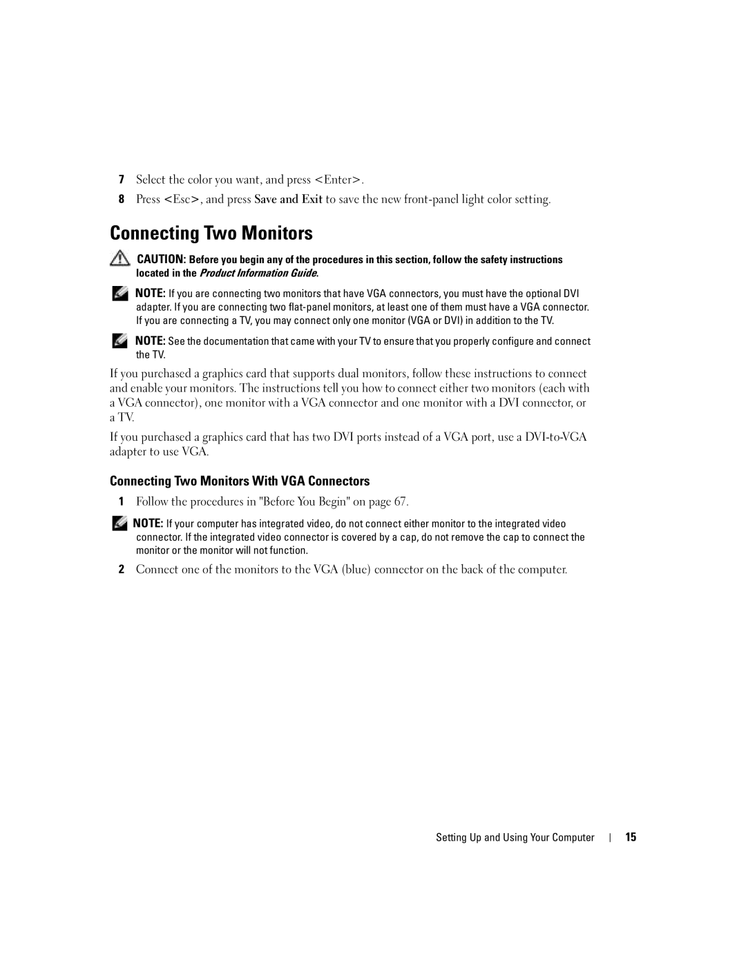 Dell U7021, WHL manual Connecting Two Monitors With VGA Connectors 