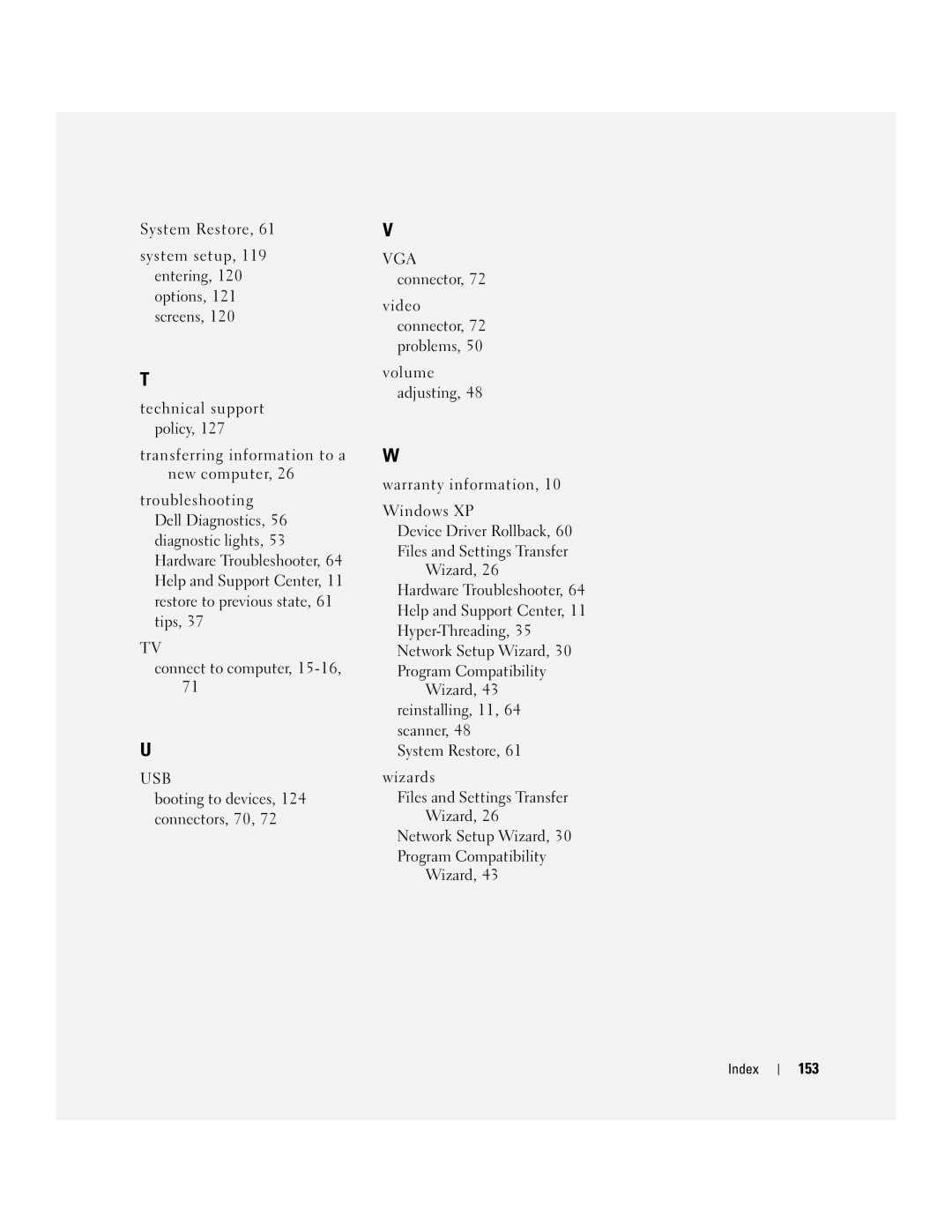 Dell U7021, WHL manual 153, Wizard, 43 reinstalling, 11, 64 scanner, 48 System Restore 