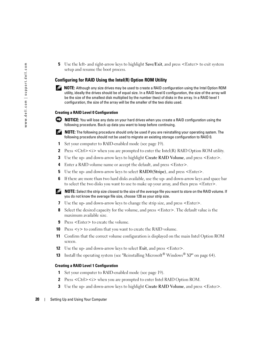 Dell WHL, U7021 manual Configuring for RAID Using the IntelR Option ROM Utility, Creating a RAID Level 0 Configuration 