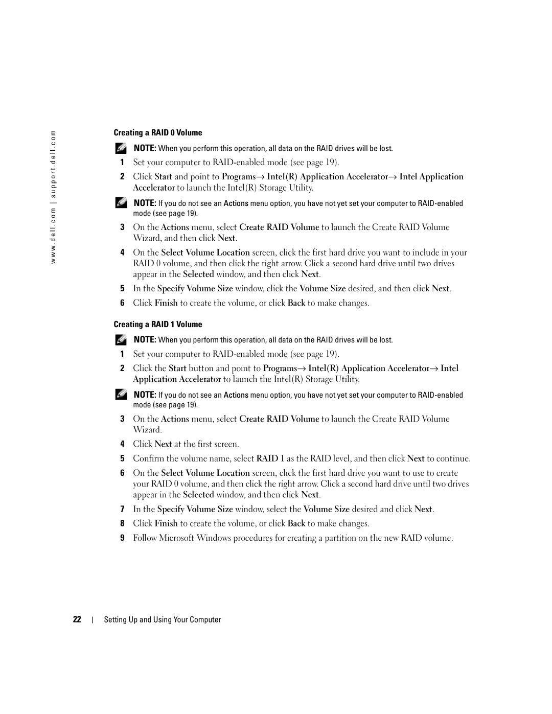 Dell WHL, U7021 manual Creating a RAID 0 Volume, Creating a RAID 1 Volume 