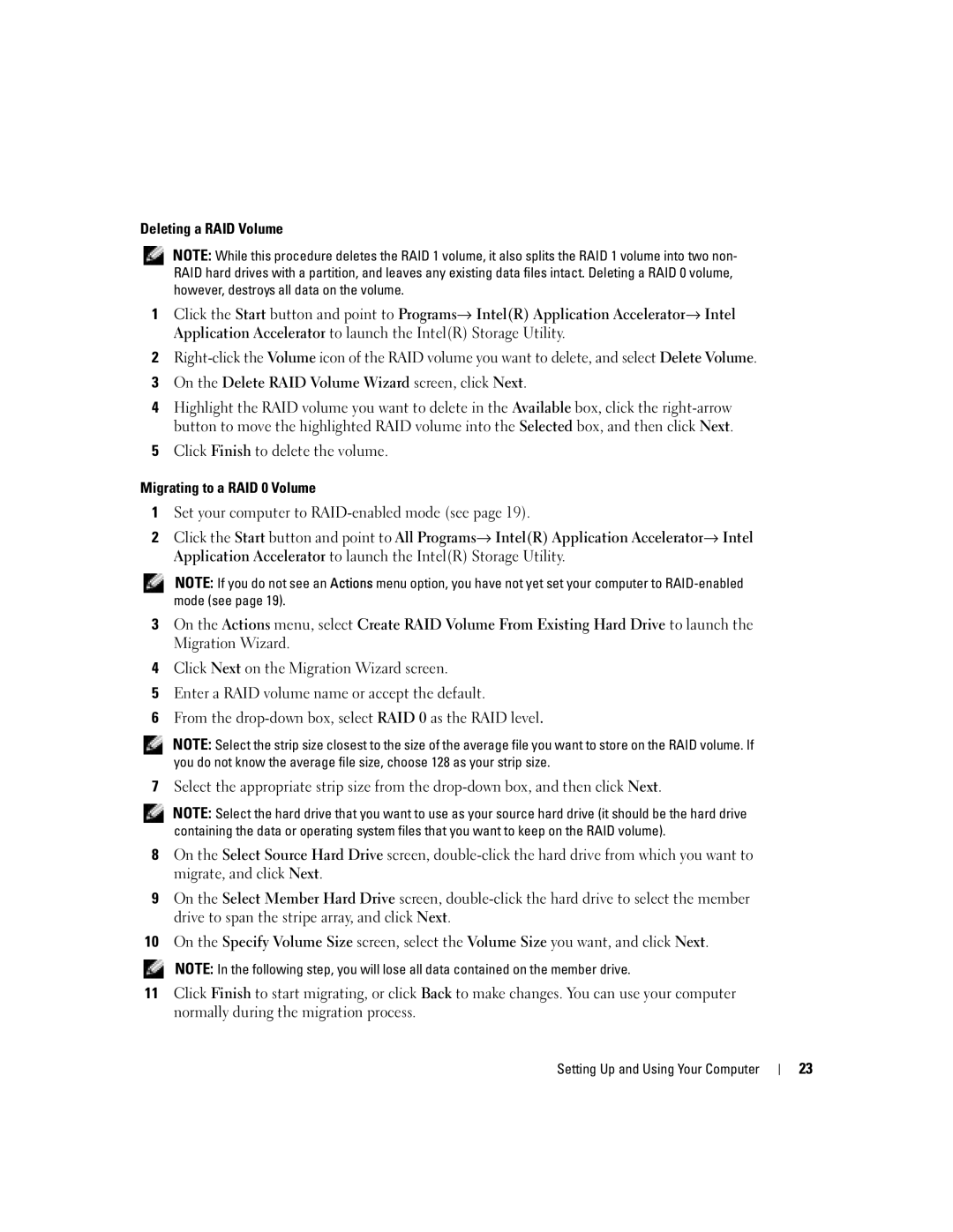 Dell U7021, WHL manual On the Delete RAID Volume Wizard screen, click Next, Migrating to a RAID 0 Volume 