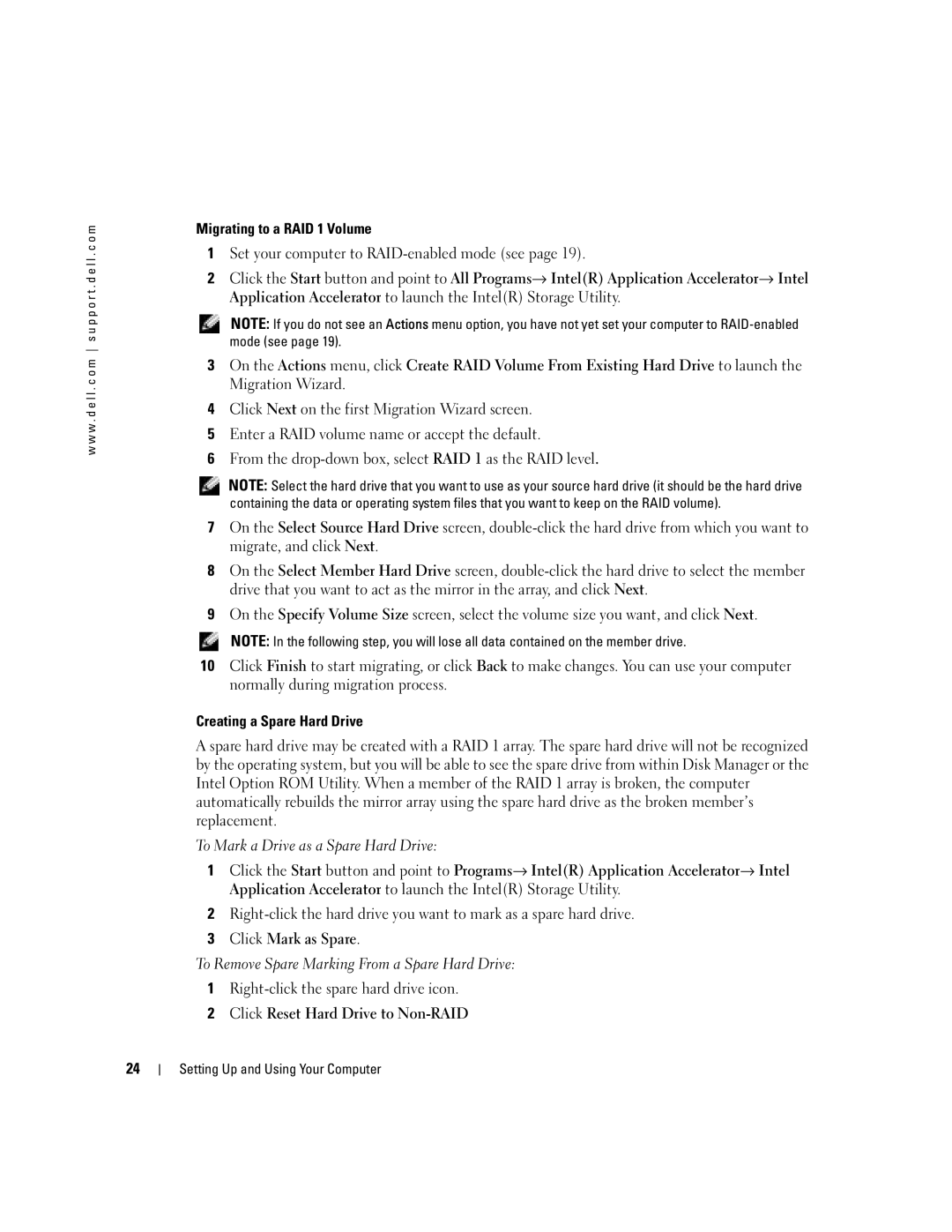 Dell WHL, U7021 manual Migrating to a RAID 1 Volume, Creating a Spare Hard Drive, To Mark a Drive as a Spare Hard Drive 