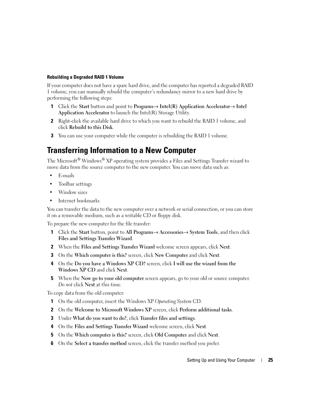 Dell U7021, WHL manual Transferring Information to a New Computer, Rebuilding a Degraded RAID 1 Volume 