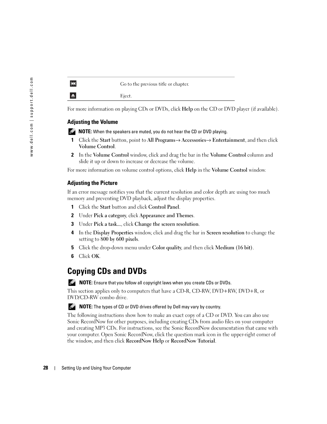 Dell WHL Copying CDs and DVDs, Adjusting the Volume, Adjusting the Picture, Go to the previous title or chapter Eject 