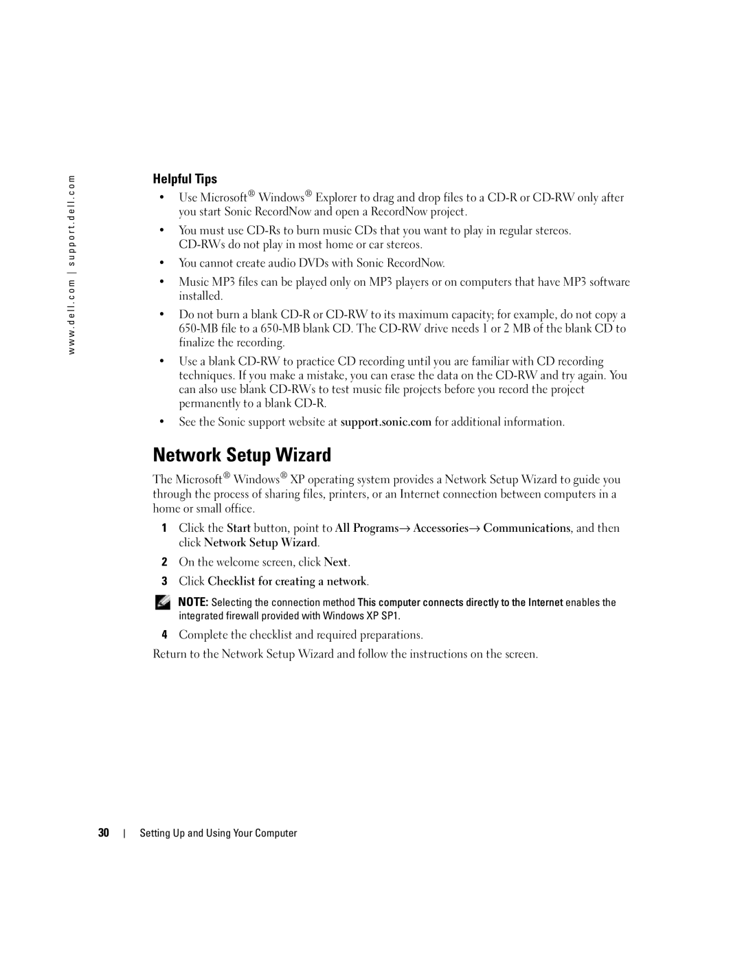 Dell WHL, U7021 manual Network Setup Wizard, Helpful Tips, Click Checklist for creating a network 