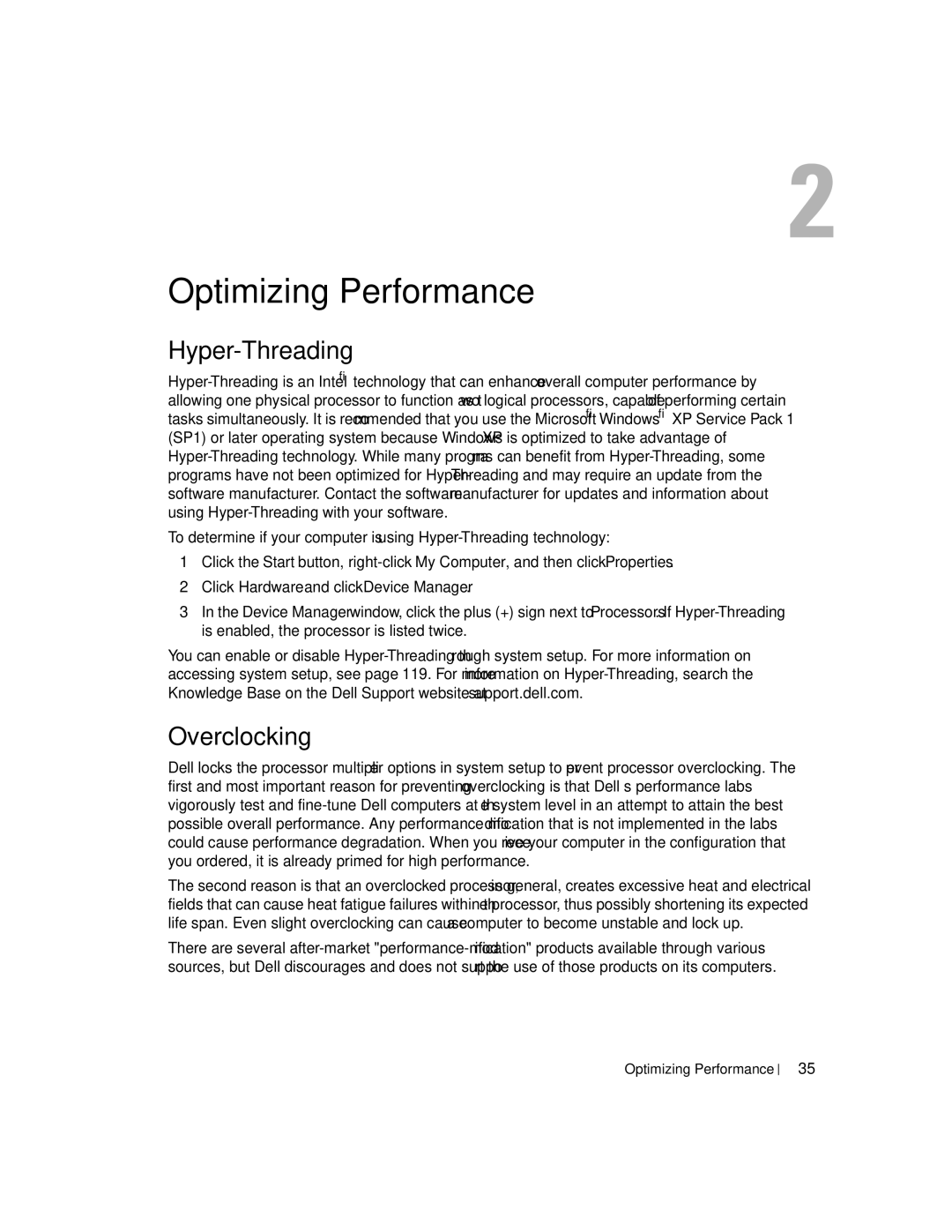 Dell U7021, WHL manual Hyper-Threading, Overclocking, Click Hardware and click Device Manager, Optimizing Performance 