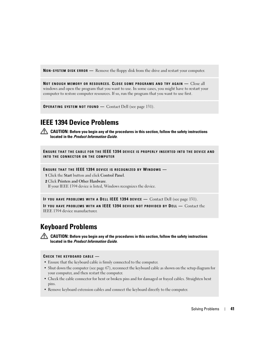 Dell U7021, WHL manual Ieee 1394 Device Problems, Keyboard Problems 