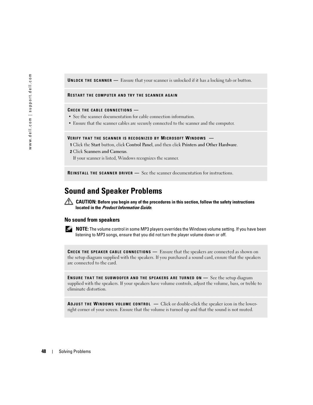 Dell WHL, U7021 manual Sound and Speaker Problems, No sound from speakers 