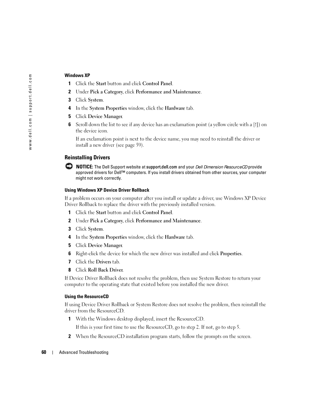 Dell WHL, U7021 manual Reinstalling Drivers, Using Windows XP Device Driver Rollback, Using the ResourceCD 