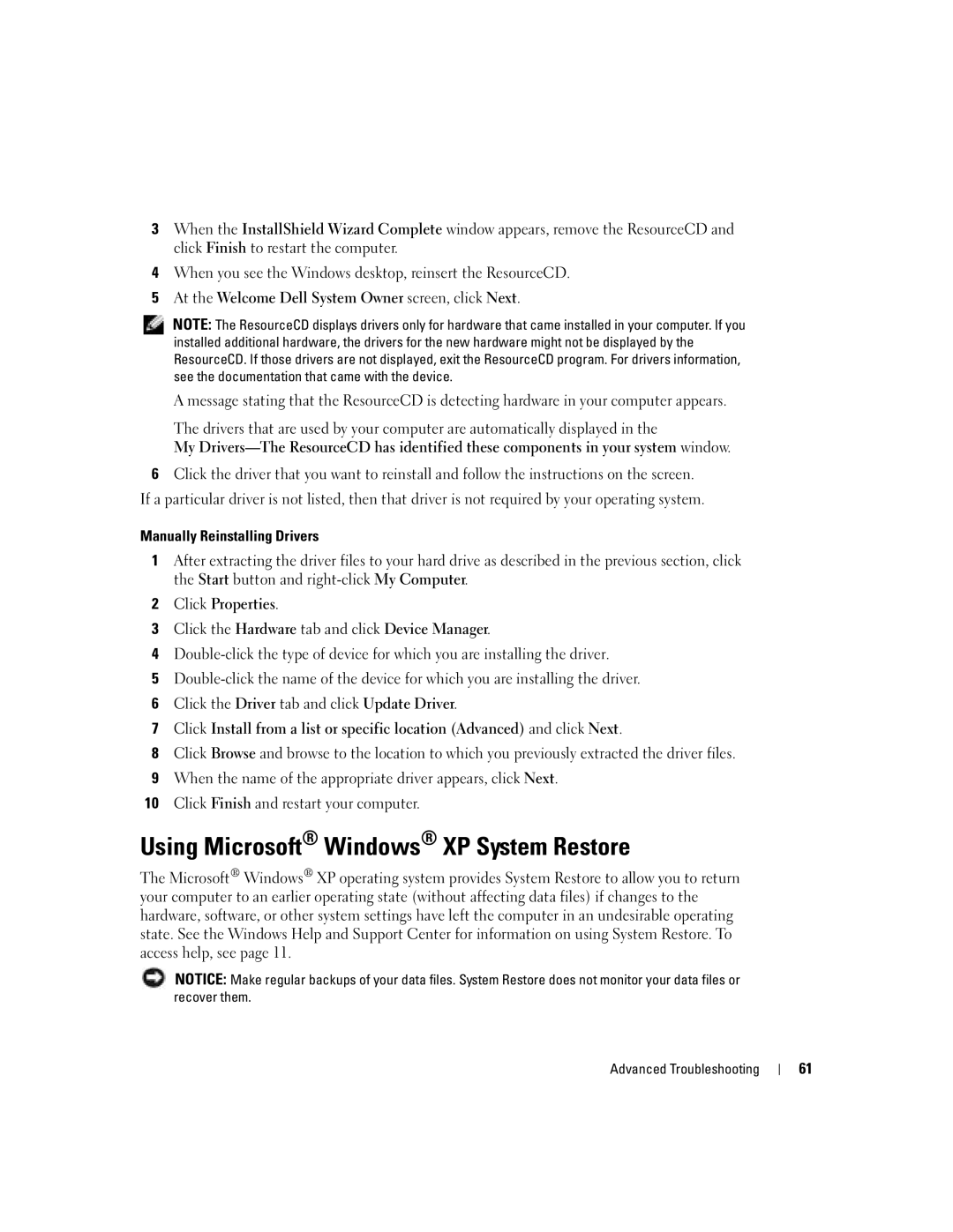 Dell U7021, WHL manual Using Microsoft Windows XP System Restore, Manually Reinstalling Drivers 