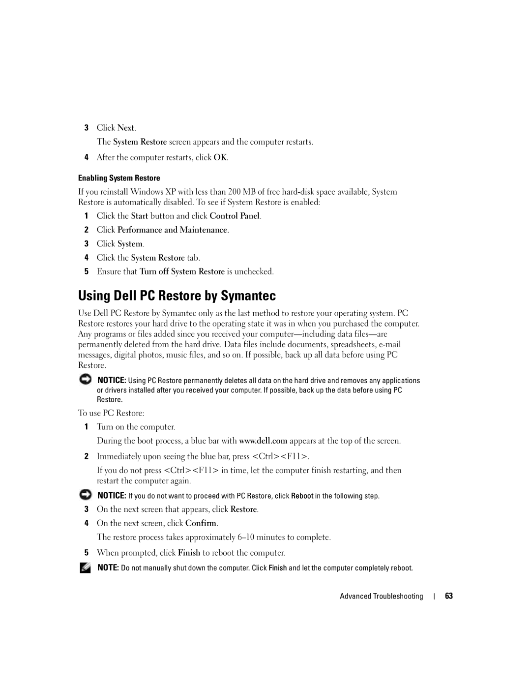 Dell U7021, WHL manual Using Dell PC Restore by Symantec, Enabling System Restore 