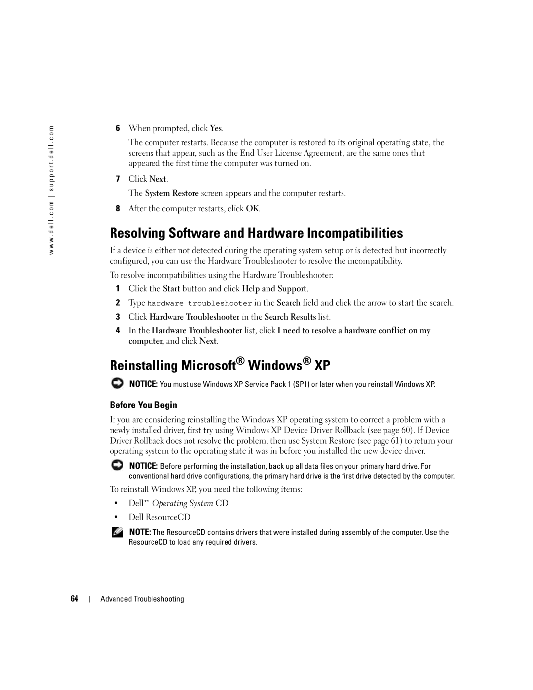 Dell WHL, U7021 Resolving Software and Hardware Incompatibilities, Reinstalling Microsoft Windows XP, Before You Begin 