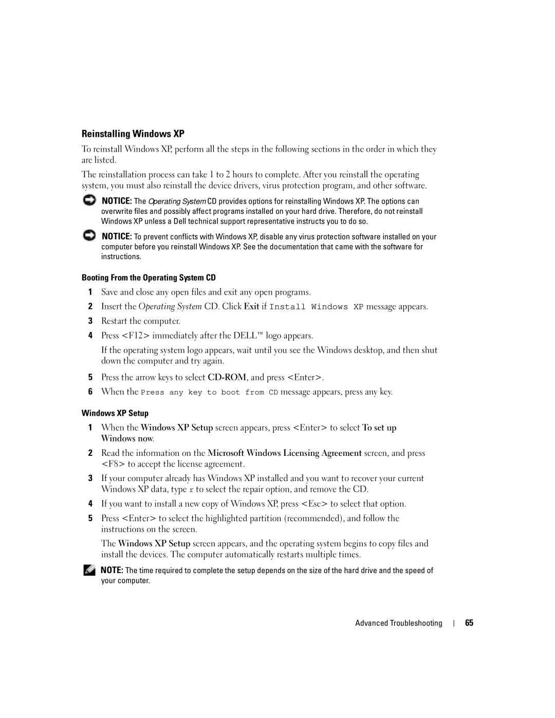 Dell U7021, WHL manual Reinstalling Windows XP, Booting From the Operating System CD, Windows XP Setup 