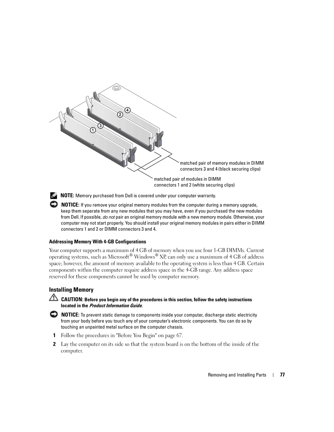 Dell U7021, WHL manual Installing Memory, Addressing Memory With 4-GB Configurations 