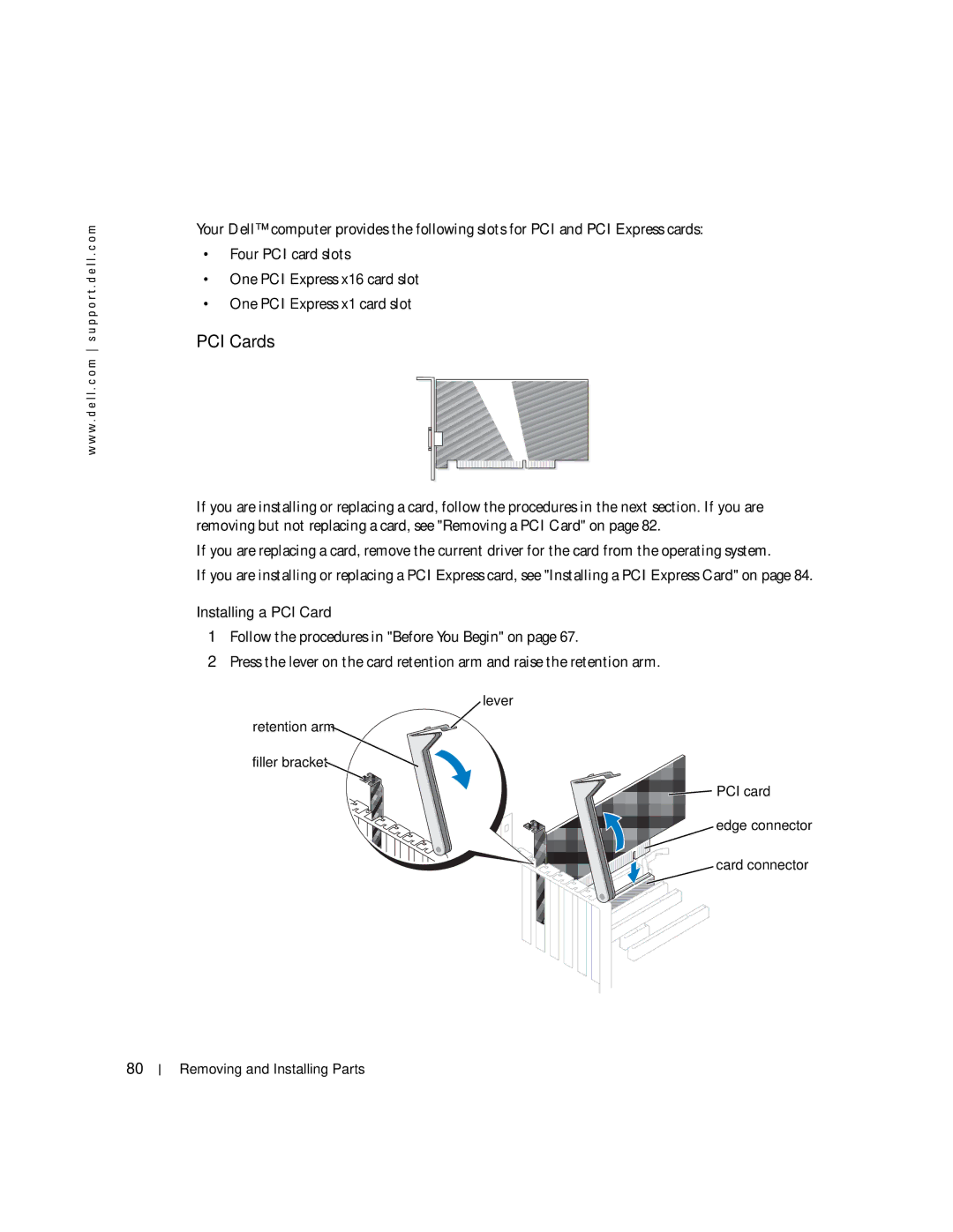 Dell WHL, U7021 manual PCI Cards, Installing a PCI Card 