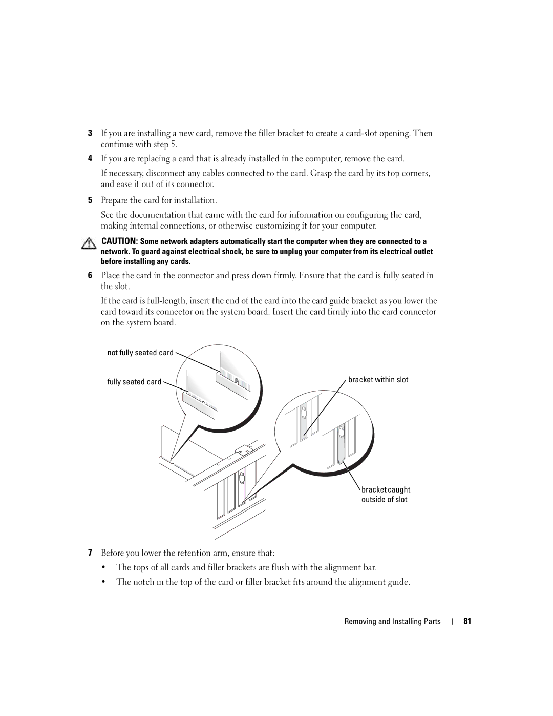 Dell U7021, WHL manual Not fully seated card Fully seated card 