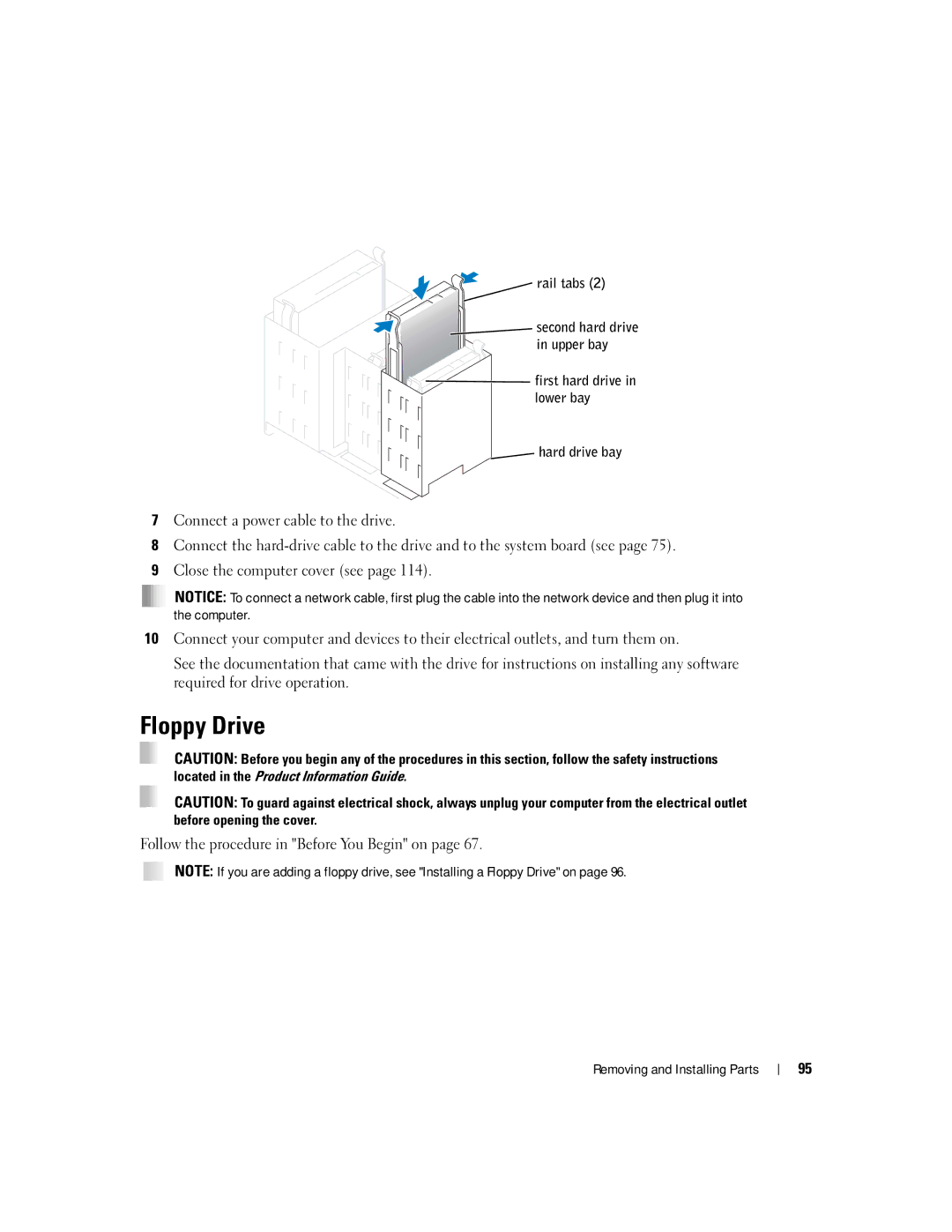 Dell U7021, WHL manual Floppy Drive, Rail tabs, First hard drive in lower bay Hard drive bay 