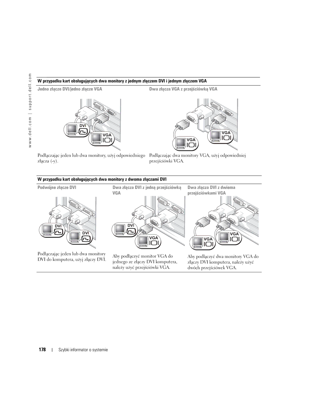 Dell WHL, WHM manual 178, Jedno złącze DVI/jedno złącze VGA 