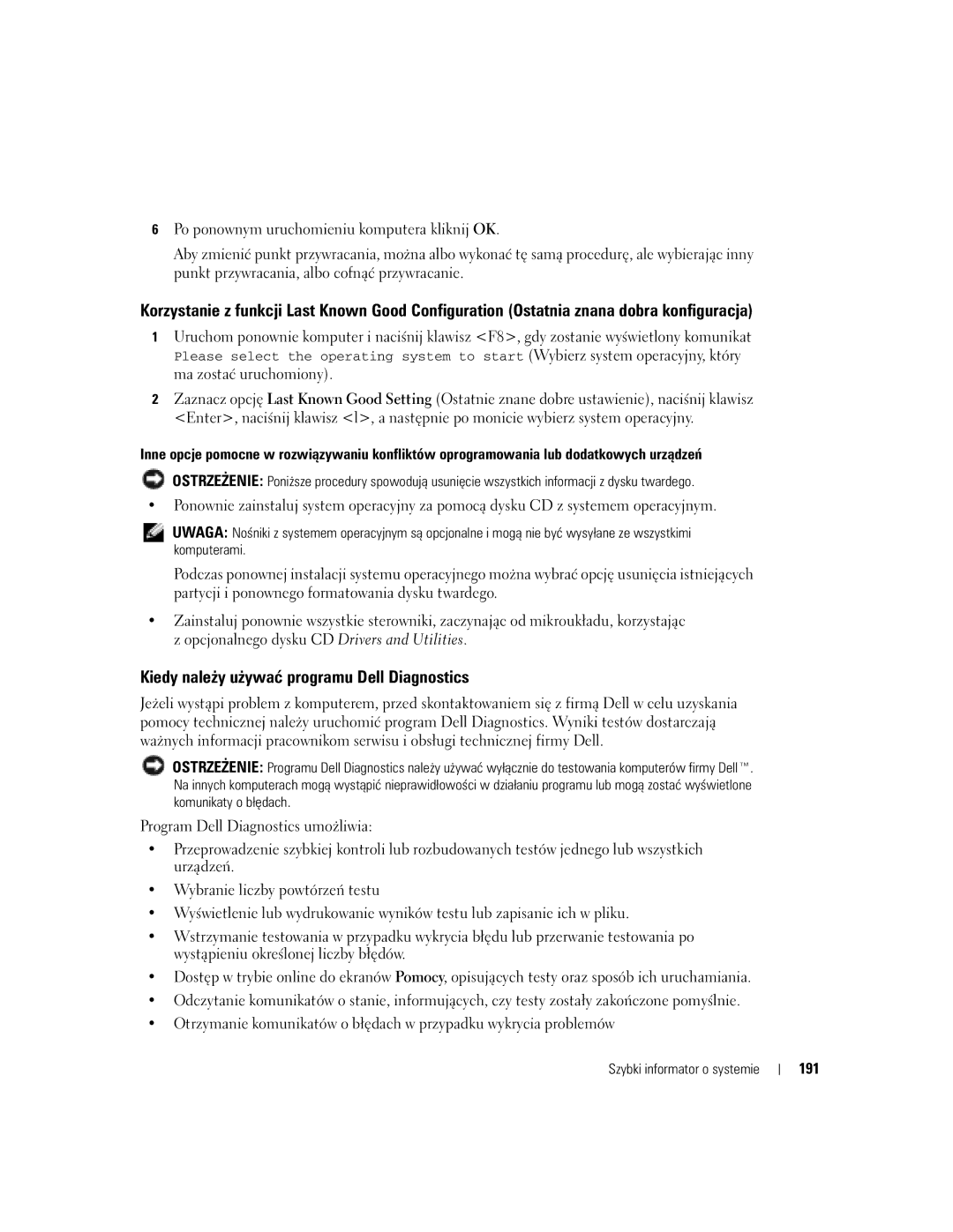 Dell WHM, WHL manual Kiedy należy używać programu Dell Diagnostics, 191 