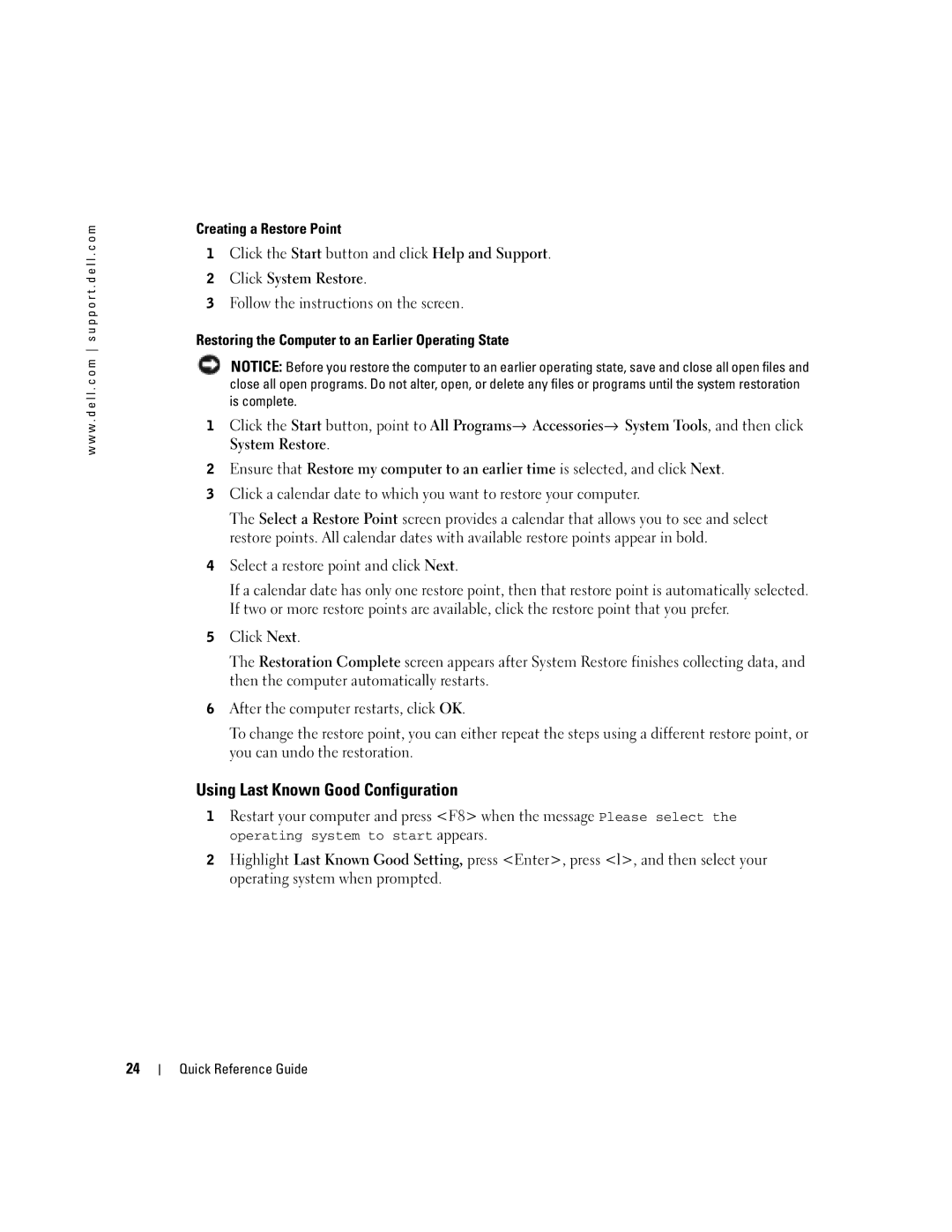 Dell WHL, WHM manual Using Last Known Good Configuration, Select a restore point and click Next 