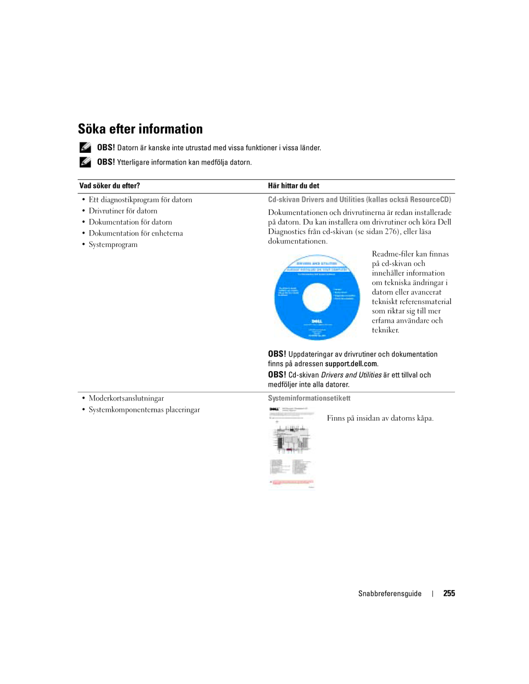 Dell WHM, WHL manual Söka efter information, 255, Systeminformationsetikett 