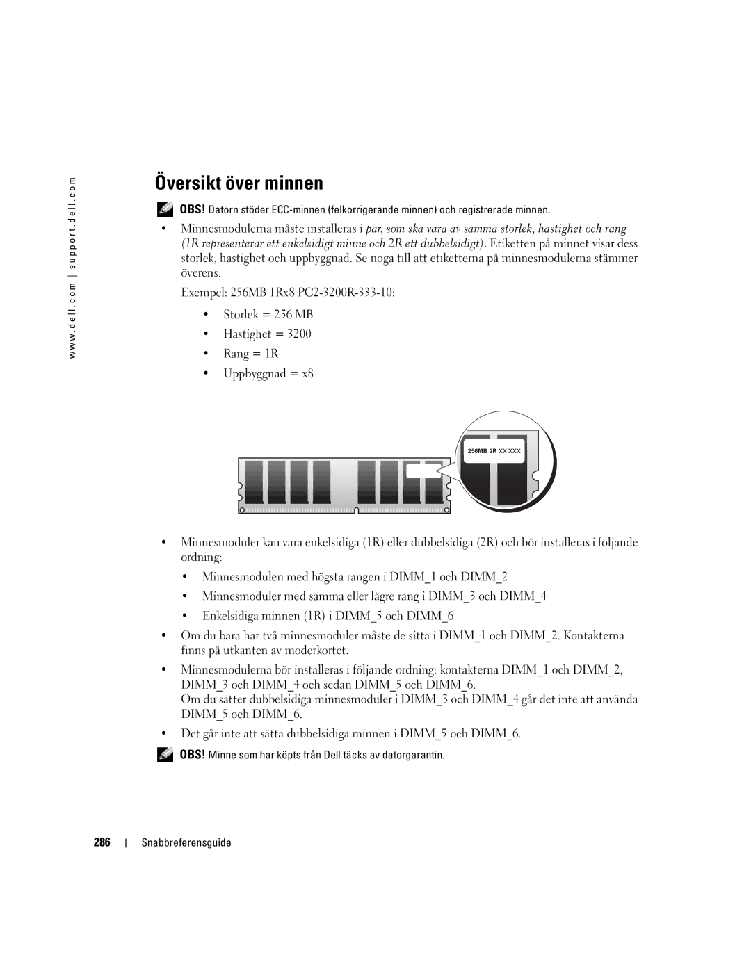 Dell WHL, WHM manual Översikt över minnen, 286, OBS! Minne som har köpts från Dell täcks av datorgarantin 