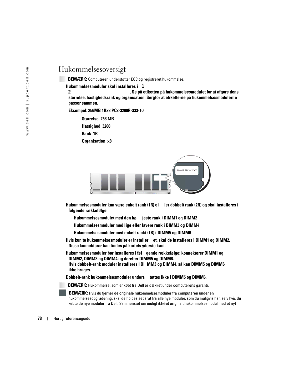 Dell WHL, WHM manual Hukommelsesoversigt, Bemærk Computeren understøtter ECC og registreret hukommelse 