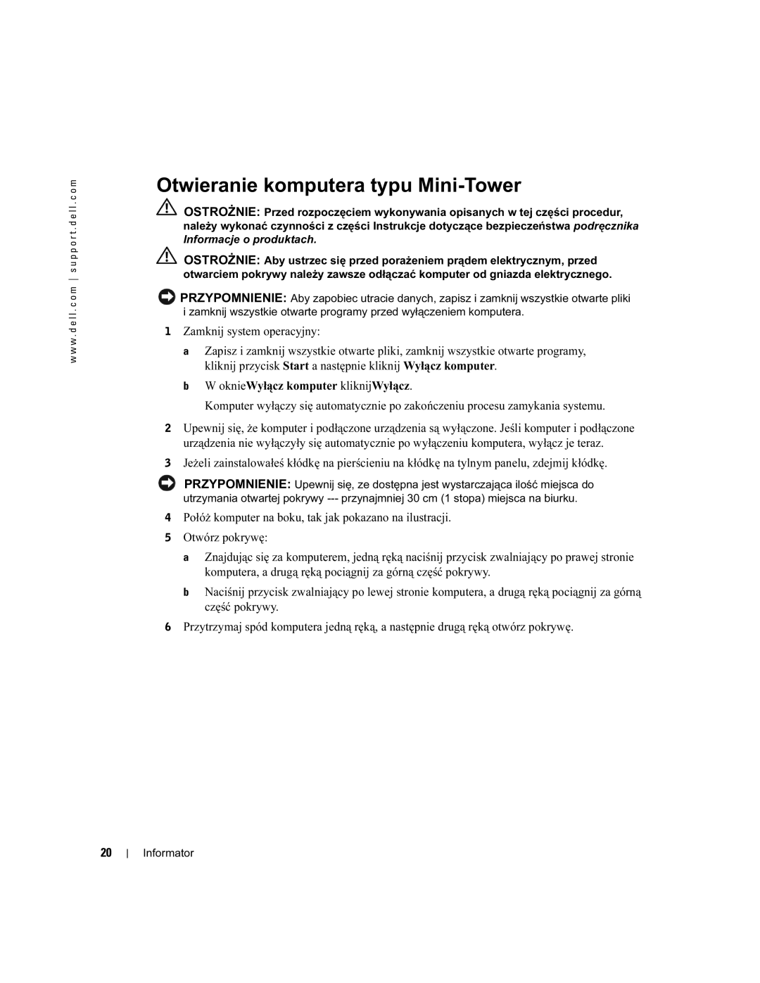 Dell WHM, DHM manual Otwieranie komputera typu Mini-Tower 