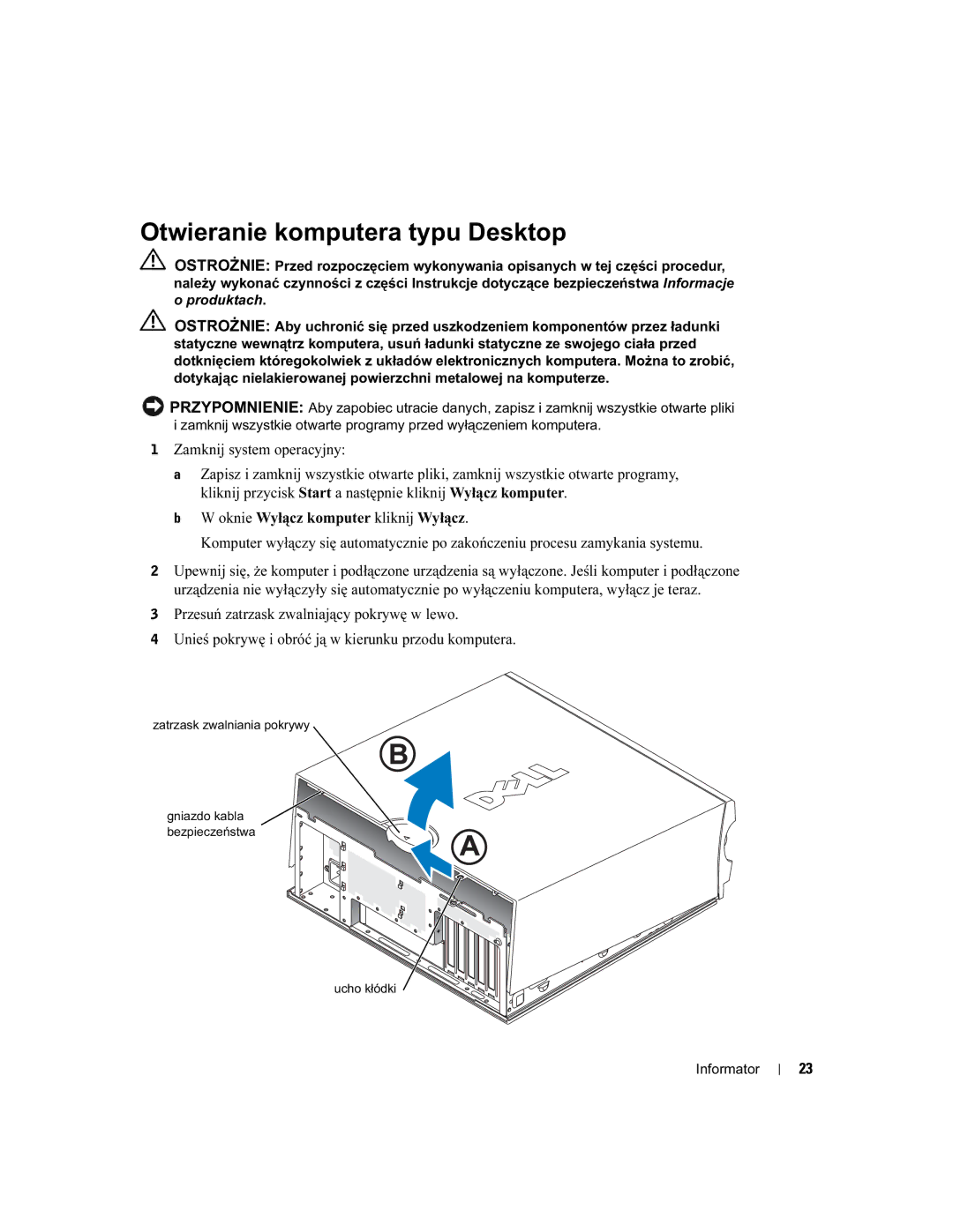 Dell DHM, WHM manual Otwieranie komputera typu Desktop 