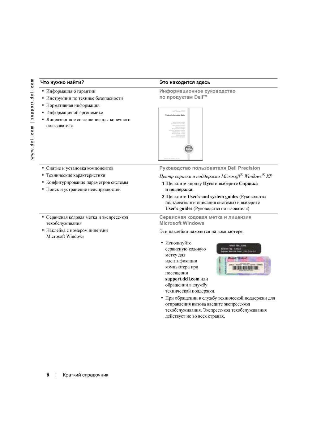 Dell WHM, DHM manual Сервисная кодовая метка и лицензия Microsoft Windows 