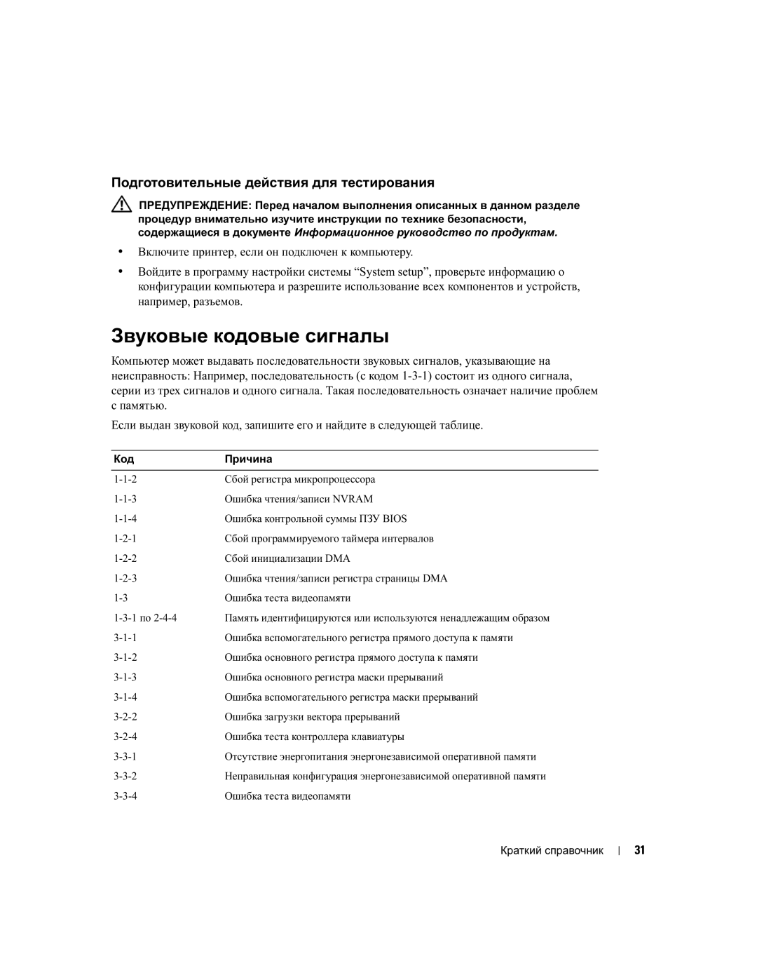 Dell DHM, WHM manual Звуковые кодовые сигналы, Подготовительные действия для тестирования 