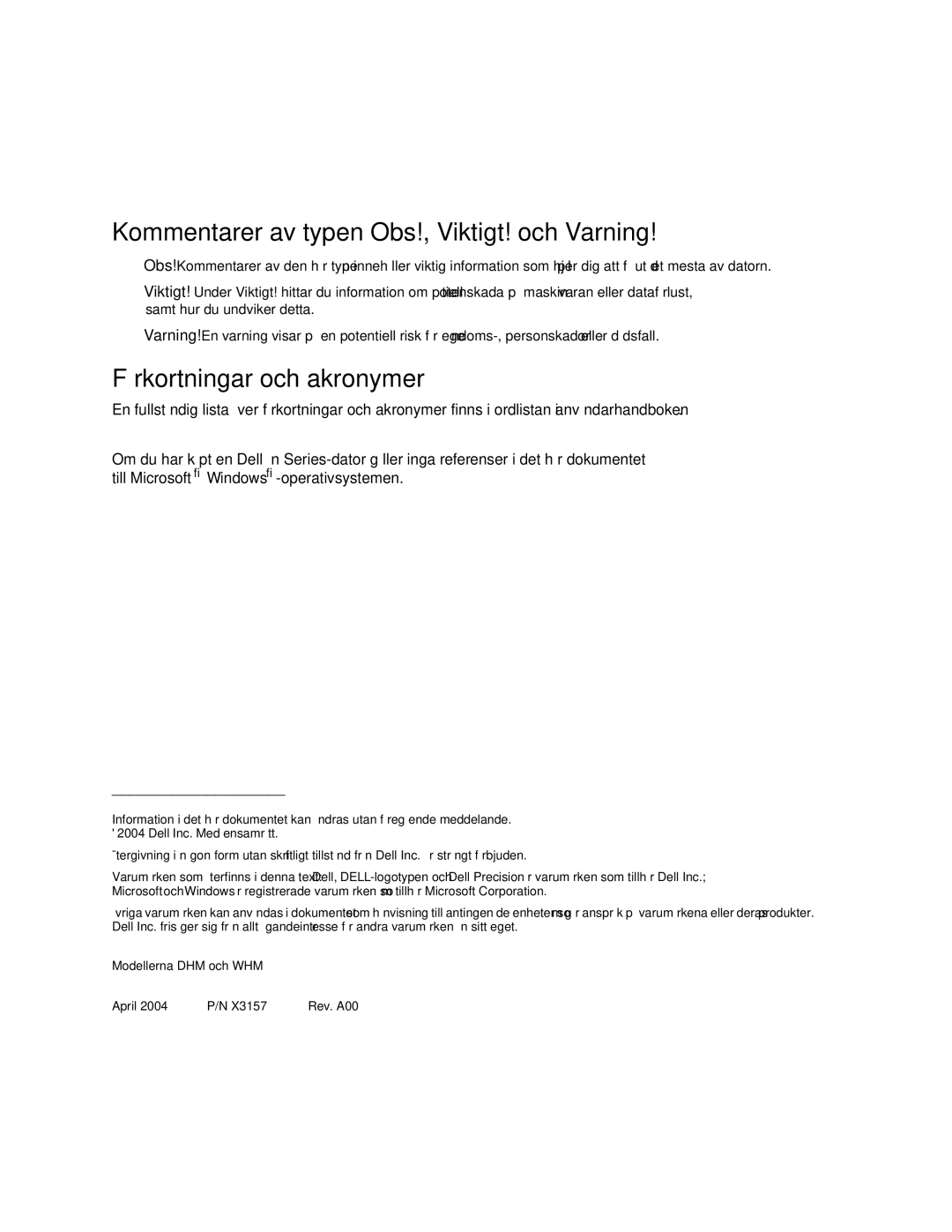 Dell WHM, DHM manual Kommentarer av typen Obs!, Viktigt! och Varning, Förkortningar och akronymer 