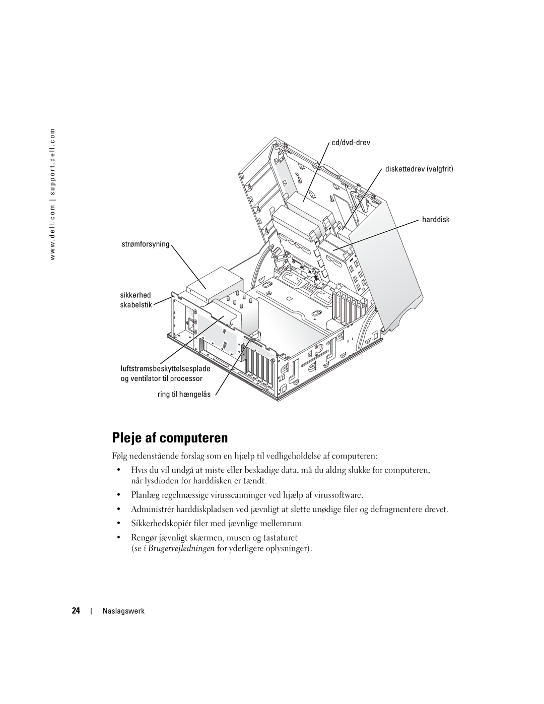 Dell WHM, DHM manual Pleje af computeren, Cd/dvd-drev Diskettedrev valgfrit Harddisk Strømforsyning 