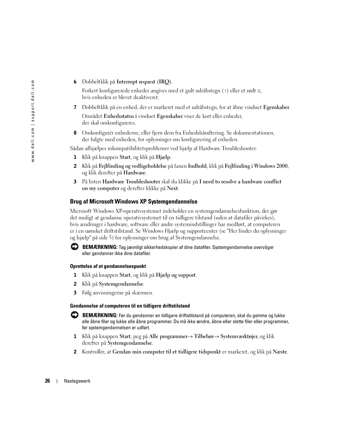 Dell WHM Brug af Microsoft Windows XP Systemgendannelse, Dobbeltklik på Interrupt request IRQ, Klik på Systemgendannelse 